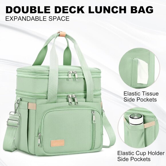 Double Deck Insulated Lunch Box for Men & Women, Leakproof Tote Cooler (Green) - Picture 6 of 7